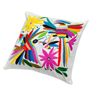 Cotton cushion cover, 'Multicolor Tenango' - Cotton Zippered Throw Pillow Cushion with Tenango Embroidery