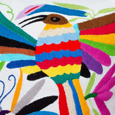 Kissenbezug aus Baumwolle, 'Multicolor Tenango' - Baumwoll-Reißverschluss-Kissen mit Tenango-Stickerei