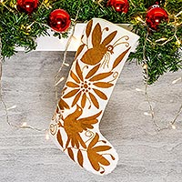 Calcetín navideño de algodón, 'Bota Tenango en marrón dorado' - Calcetín navideño de algodón bordado Tenango marrón dorado