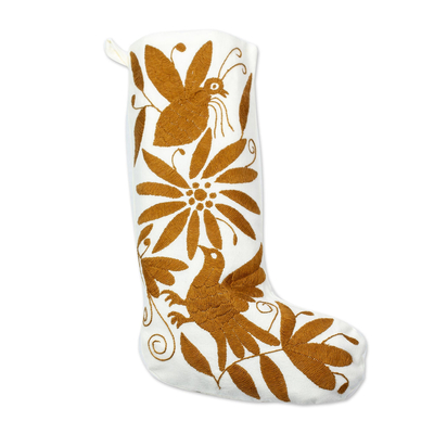 Cotton Christmas stocking, 'Tenango Boot in Golden Brown' - Golden Brown Tenango Embroidery Cotton Christmas Stocking
