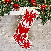 Calcetín navideño de algodón, 'Bota Tenango en rojo' - Calcetín navideño bordado estilo tenango rojo de México