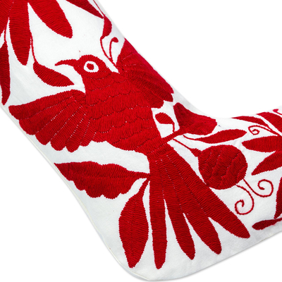 Cotton Christmas stocking, 'Tenango Boot in Red' - Red Tenango Style Embroidered Christmas Stocking From Mexico