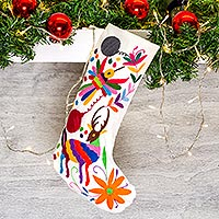 Calcetín navideño de algodón, 'Bota Tenango multicolor' - Calcetín navideño bordado Tenango multicolor Mexico