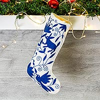 Calcetín navideño de algodón, 'Bota Tenango en azul' - Calcetín navideño bordado Tenango azul de México