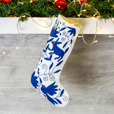 Cotton Christmas stocking, Tenango Boot in Blue