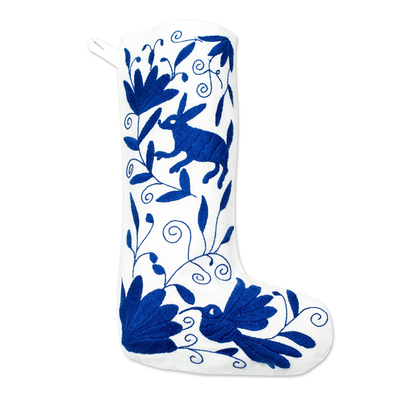 Blue Tenango Embroidered Christmas Stocking From Mexico