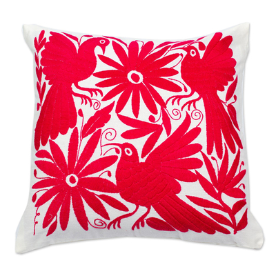 Cotton Tenango Cushion Cover Embroidered in Ruby with Zipper