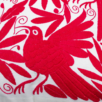 Cotton cushion cover, 'Tenango in Ruby' - Cotton Tenango Cushion Cover Embroidered in Ruby with Zipper