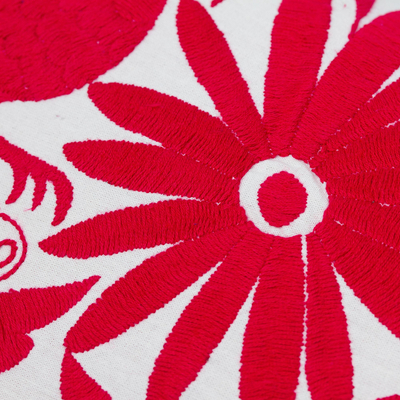 Cotton cushion cover, 'Tenango in Ruby' - Cotton Tenango Cushion Cover Embroidered in Ruby with Zipper