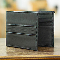 Cartera plegable de piel para hombre. - Cartera de piel negra hecha a mano