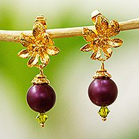 Gold plated Swarovski crystal dangle earrings, 'Vineyard Flower' - Swarovski Crystal Pearl Floral Earrings