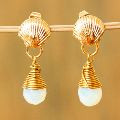 Gold-plated moonstone dangle earrings, 'Moonlit Sea' - Seashell Motif Moonstone Earrings