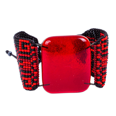 Fused glass pendant bracelet, 'Codices in Red' - Red and Black Glass Bracelet