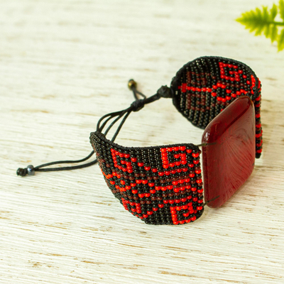 Fused glass pendant bracelet, 'Codices in Red' - Red and Black Glass Bracelet
