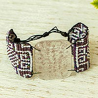 Fused glass pendant bracelet, 'Maya Frets' - Purple Glass Beaded Bracelet
