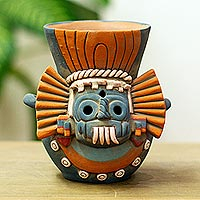 Ceramic vessel, 'Blue Aztec Rain God' - Signed Ceramic Aztec Tlaloc Replica Vessel
