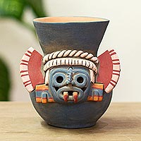 Recipiente de cerámica, 'Señor de la tormenta' - Recipiente de réplica de Tlaloc azteca de cerámica firmado a mano