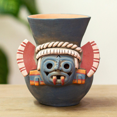 Vasija de cerámica - Recipiente réplica de tlaloc azteca de cerámica firmada a mano