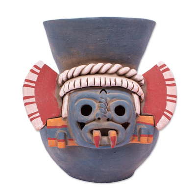 Handcrafted Signed Ceramic Aztec Tlaloc Replica Vessel