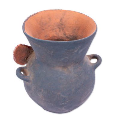 Vasija de cerámica - Recipiente réplica de tlaloc azteca de cerámica firmada a mano