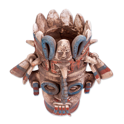 Vasija de cerámica - Escultura de arqueología azteca de cerámica artesanal firmada