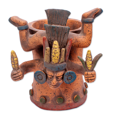 Vasija de cerámica - Dios azteca de cerámica firmada con réplica de vasija de maíz