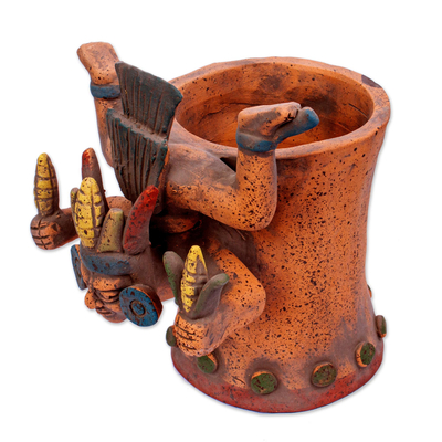 Keramikgefäß - Signierter Keramik-Aztekengott mit Mais-Replikgefäß