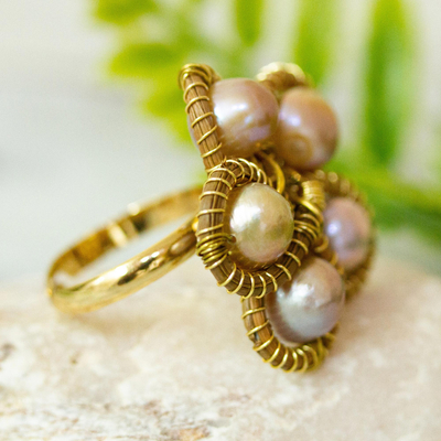 Cultured pearl and pine needle cocktail ring, 'Flower of the Forest' - Handmade Pine Needle Ring with Pearls