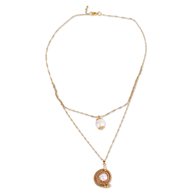 Cultured pearl and pine needle pendant necklace, 'Chiquistlan Spiral' - Gold-Plated Necklace with Cultured Pearls