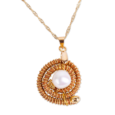 Cultured pearl and pine needle pendant necklace, 'Chiquistlan Spiral' - Gold-Plated Necklace with Cultured Pearls