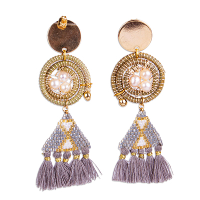 Gold plated cultured pearl chandelier earrings, 'Forest Pyramid' - Tasseled 14k Gold Plated Earrings
