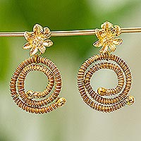 Gold-accented pine needle dangle earrings, 'Forest Flower Spiral' - Floral Earrings in 14k Gold Plate
