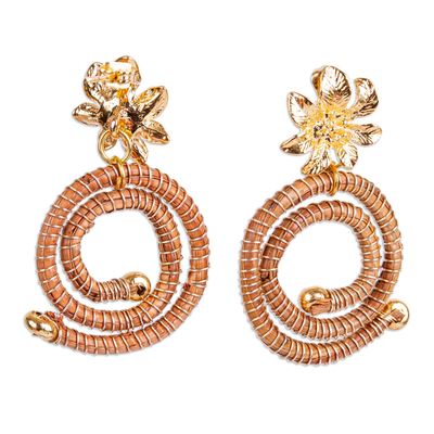 Gold-accented pine needle dangle earrings, 'Forest Flower Spiral' - Floral Earrings in 14k Gold Plate