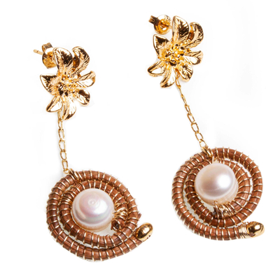 Gold plated cultured pearl dangle earrings, 'River in the Forest' - Pine Needle Cultured Pearl and Gold Plated Earrings