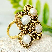 Cultured pearl and pine needle cocktail ring, 'Gift of the Forest' - Pine Needle Ring with Cultured Pearls