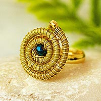 Gold plated pine needle cocktail ring, 'Crystal Forest' - Crystal-Accented Pine Needle Ring