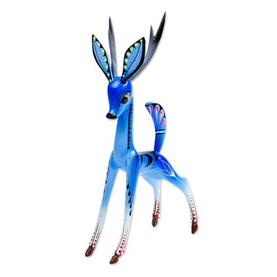 Wood alebrije sculpture, 'Little Blue Deer' - Blue Copal Wood Deer Alebrije From San Martin Tilcajete