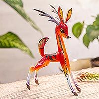Wood alebrije sculpture, 'Dainty Deer in Orange' - Hand Carved Alebrije Deer Figurine