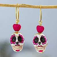 Hand-painted marble dangle earrings, 'Calavera Hummingbird' - Artisan Crafted Skull Earrings