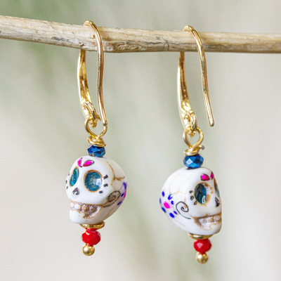 Hand-painted marble dangle earrings, Smiling Calavera