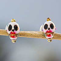 Hand-painted marble stud earrings, 'Smiling Calavera' - Skull Motif Stud Earrings