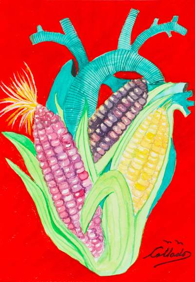 Acrylic and Watercolor on Paper with Corn and Human Heart
