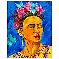 'Frida Contemplating' - Acrylic and Watercolor Painting of Frida Kahlo in Bold Color