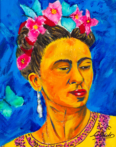 Acrylic and Watercolor Painting of Frida Kahlo in Bold Color