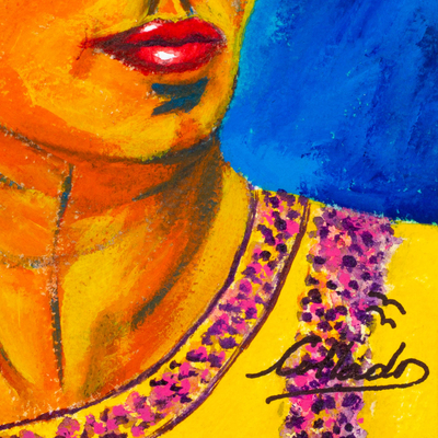 'Frida Contemplating' - Acryl- und Aquarellmalerei von Frida Kahlo in kräftigen Farben
