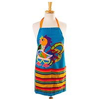 Cotton apron, 'Time for Breakfast' - Cotton Gabardine Rooster Applique Apron with Pockets