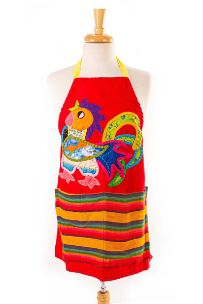 Cotton apron, 'Crowing Rooster' - Red Rooster Appliqué Cotton Apron With Front Pockets
