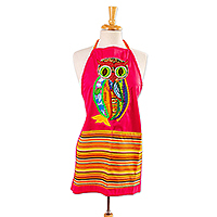 Cotton apron, 'Who's Cooking' - 100% Cotton Apron with Owl Design and Deep Pockets Mexico