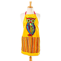 Cotton apron, 'Daytime Owl' - Yellow Cotton Apron With Appliqué Owl and Front Pockets