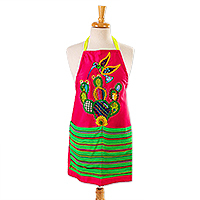 Cotton apron, 'Fuchsia Hummingbird' - Fuchsia Cotton Apron with Appliqué Hummingbird and Pockets